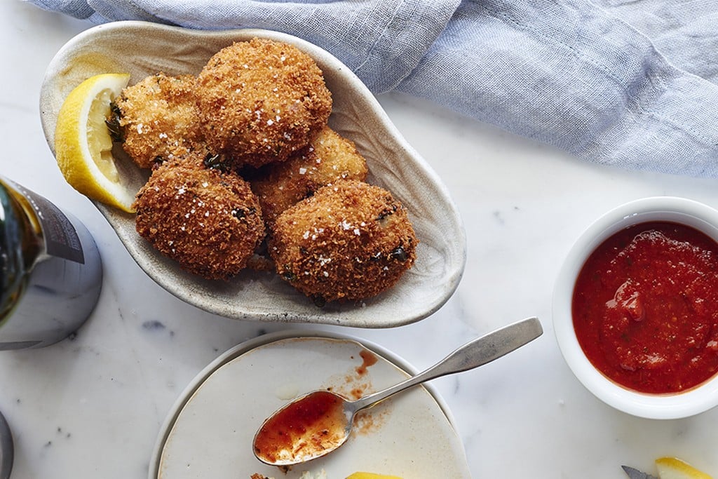 mozzarella stuffed broccoli rabe arancini with marinara sauce