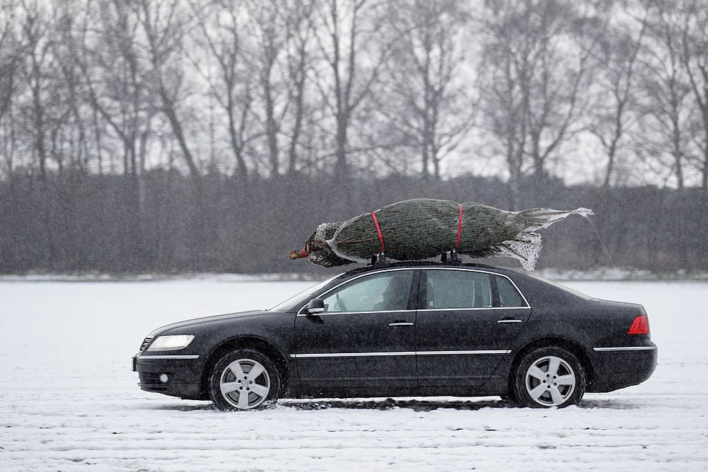 christmas tree on the roof of a car