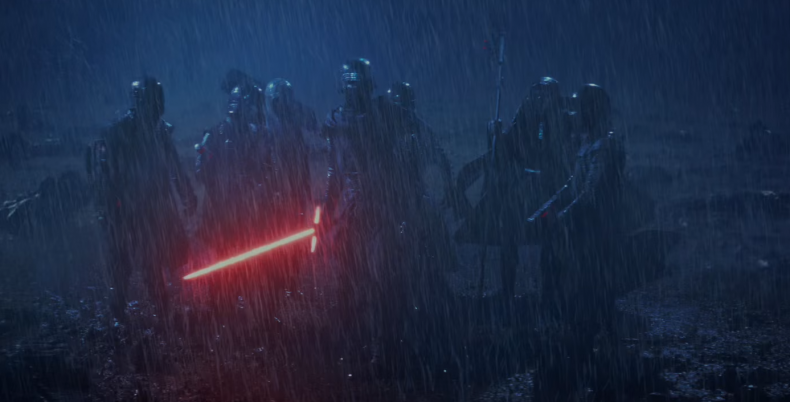 Kylo Ren and the Knights of Ren stand in the rain