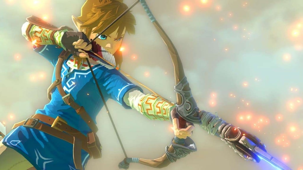 Link aims a bow and arrow to fire in The Legend of Zelda.