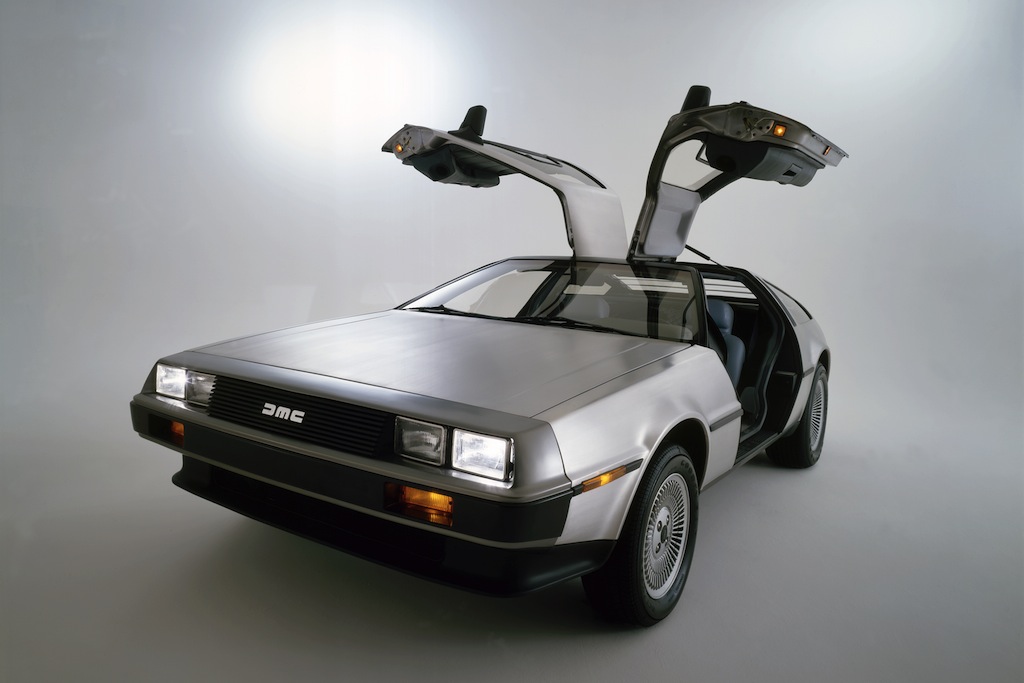 DeLorean DMC-12 on display with its gullwing doors open