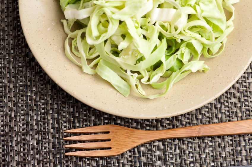 close shot of a bowl of raw green cabbage