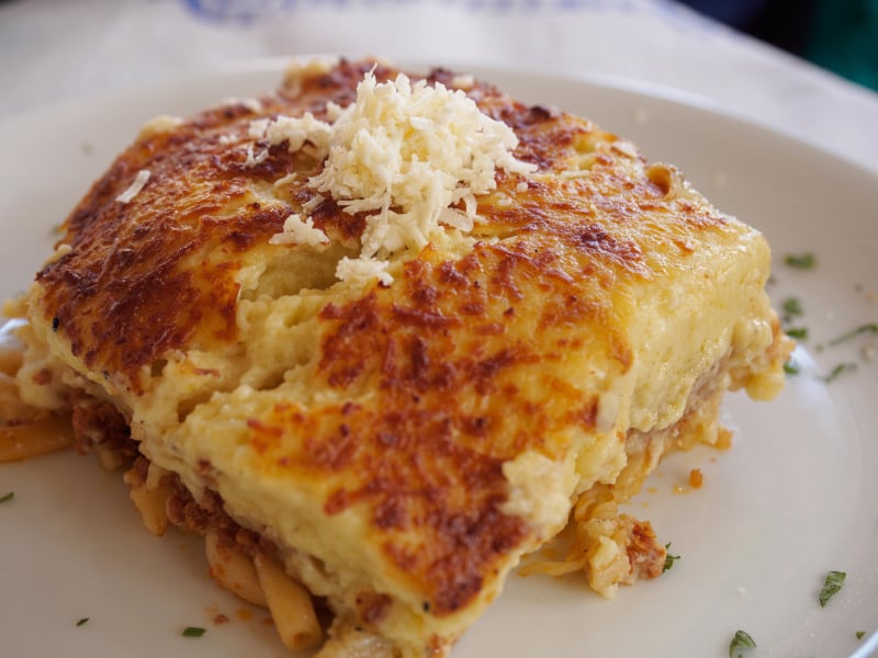 Greek Pastitsio served in a white dish