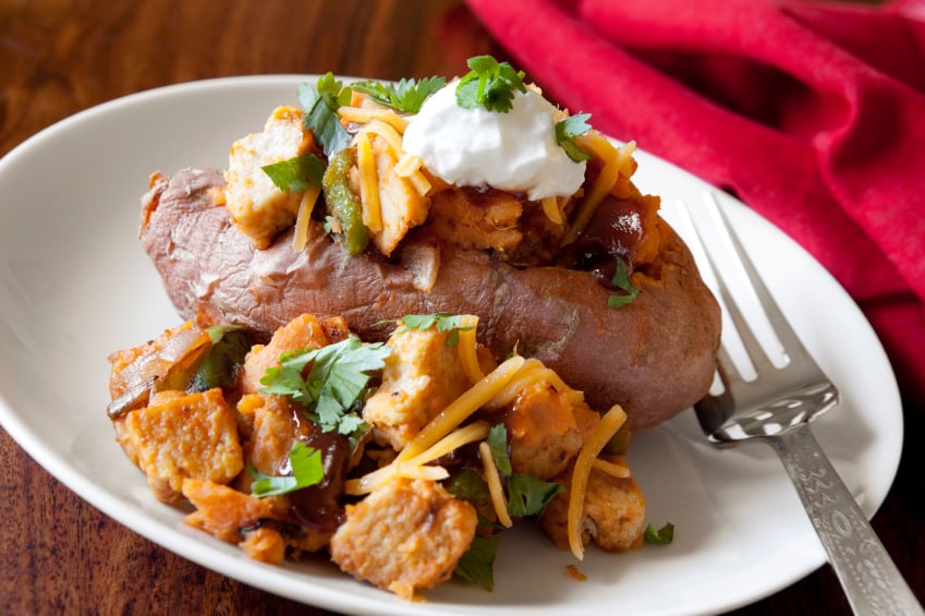 sweet potato stuffed with barbecue chicken, sour cream, and cheese