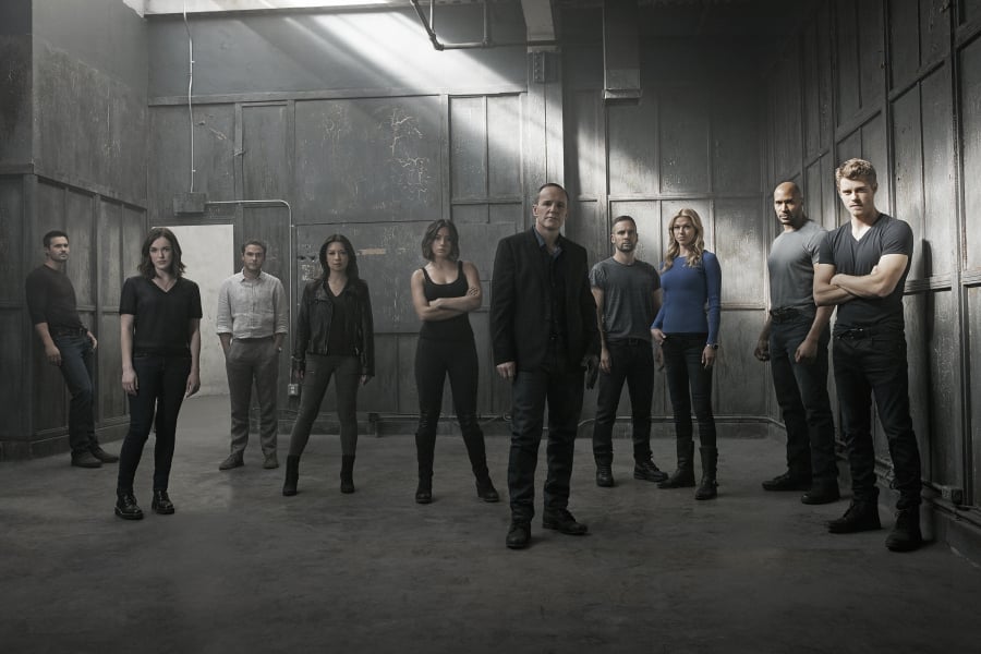 a still from the Agents of SHIELD with all the min characters standing together in a grey room