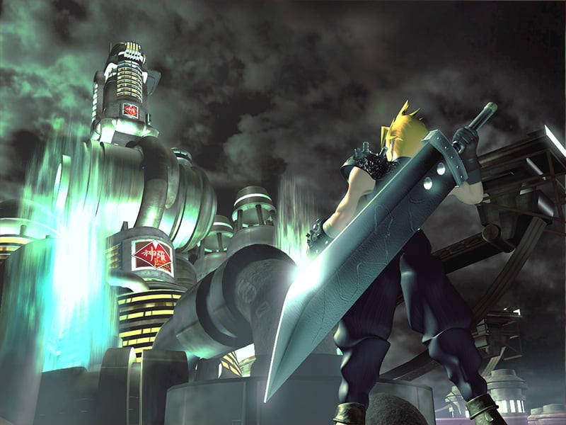 Cloud Strife wields his enormous sword.
