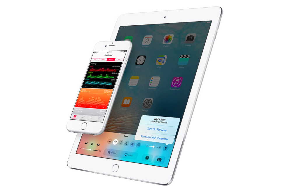 iOS 9.3 preview showing Night Shift toggle in the Control Center