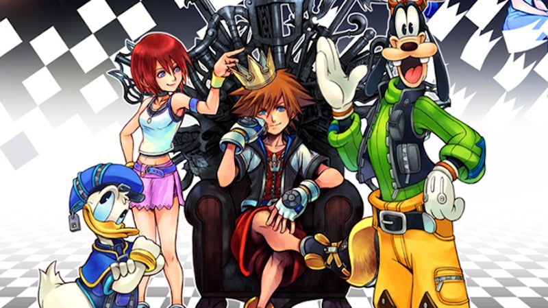 Goofy, Donald Duck, and more gather around the hero of Kingdom Hearts.