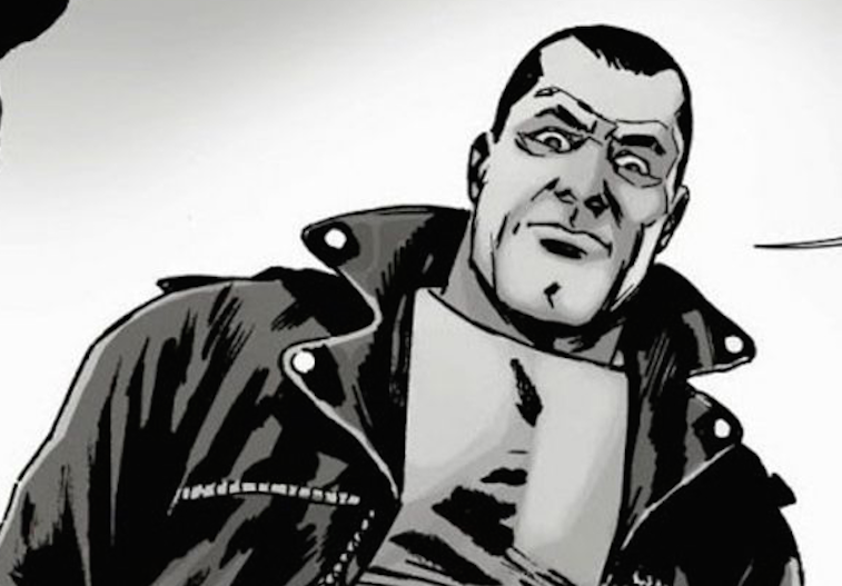 'The Walking Dead's most memorable villain, Negan, looks down menacingly in the comics.