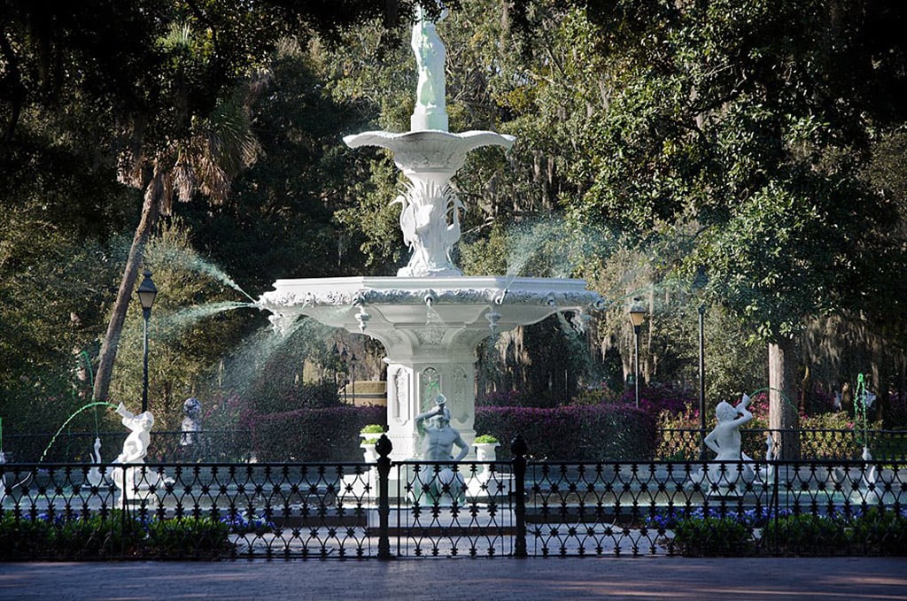 water flowing at famous fountain in downtown Savannah, Georgia