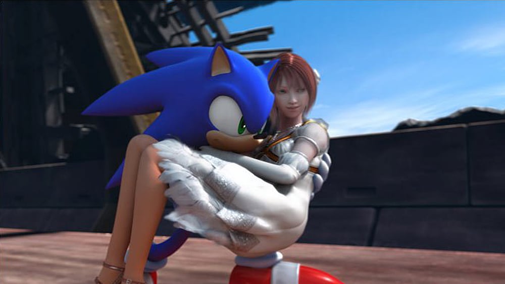 Sonic the hedgehog carries a princess in this 2006 reboot.