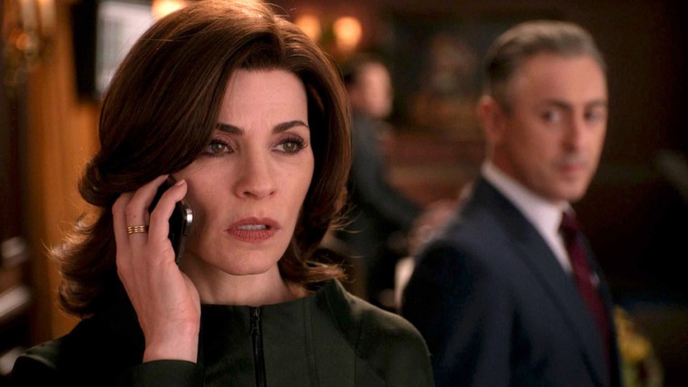 Julianne Marguiles holds a phone to her ear in the a scene from The Good Wife