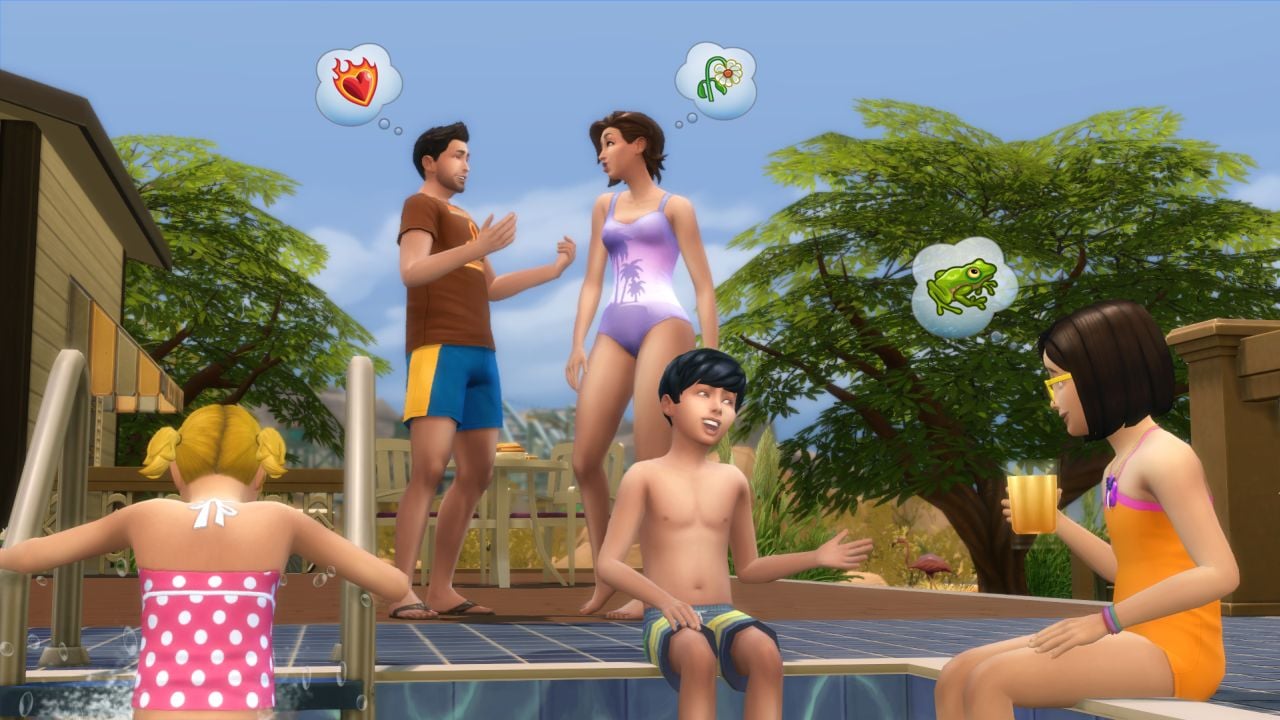 A happy Sim family chats at the pool.
