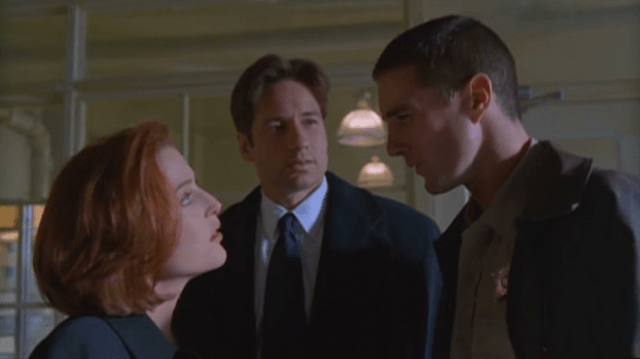 Gillian Anderson, David Duchnovy and Luke Wilson in 'The X-Files' episode, "Bad Blood."