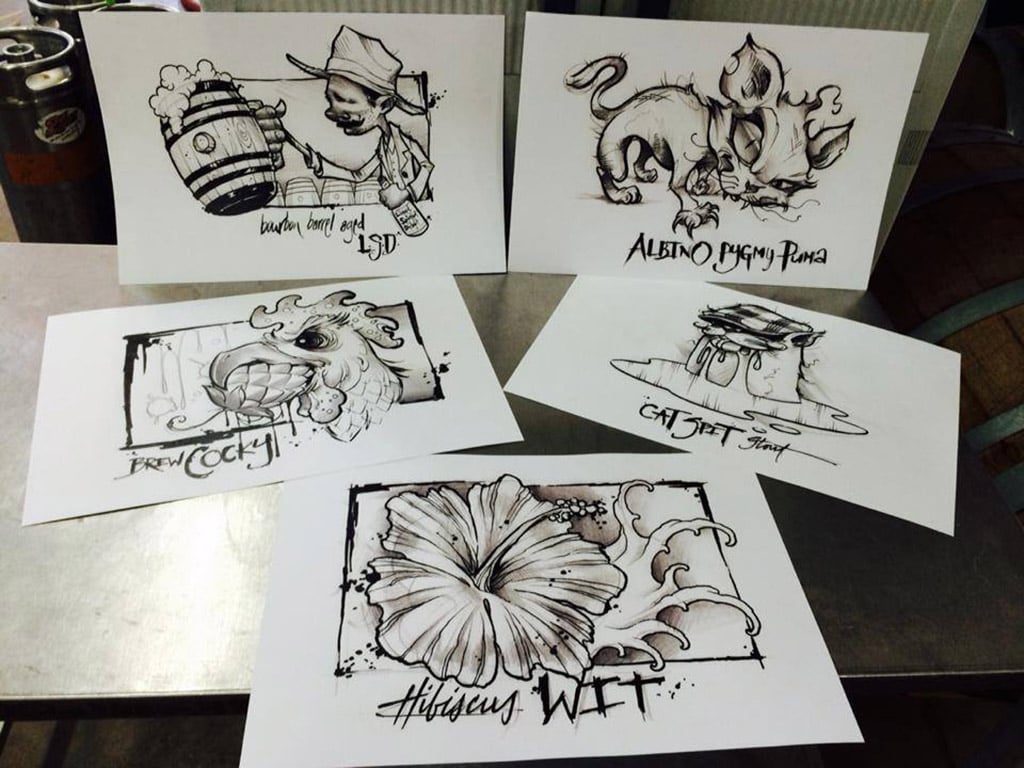 sketches for bottle labels at 2nd Shift Brewing