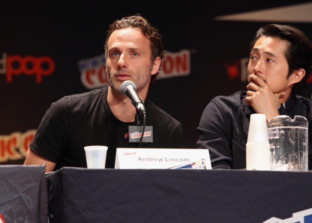Andrew Lincoln and Steven Yeun speaking at Comic-Con. Andrew Lincoln and Steven Yeun speaking at Comic-Con.