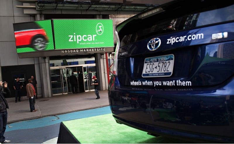 NEW YORK, NY - APRIL 14: A Zipcar is displayed during a promotion of the short term car rental company on April 14, 2011 in Times Square in New York City. Zipcar debuted on the Nasdaq Stock Market Thursday under the symbol ZIP and saw its stock surge 67% on its first day of trading. (Photo by Spencer Platt/Getty Images)
