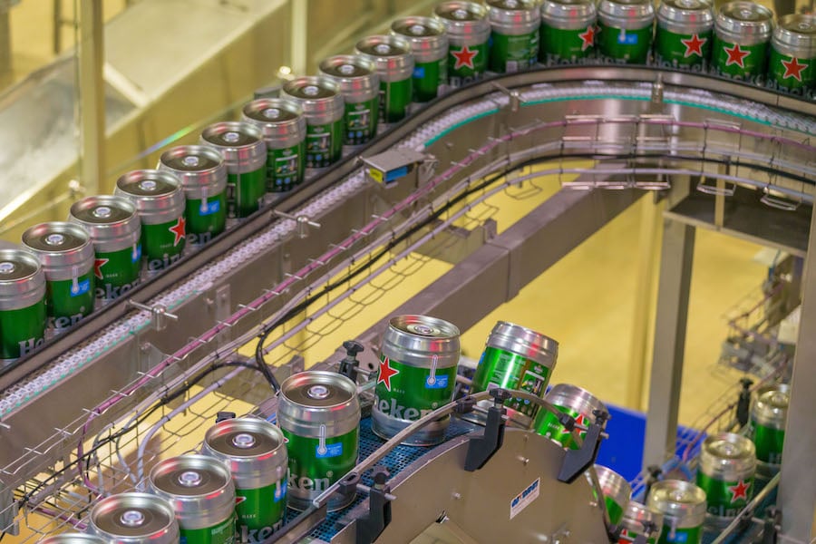 cans of heineken beer at a brewery