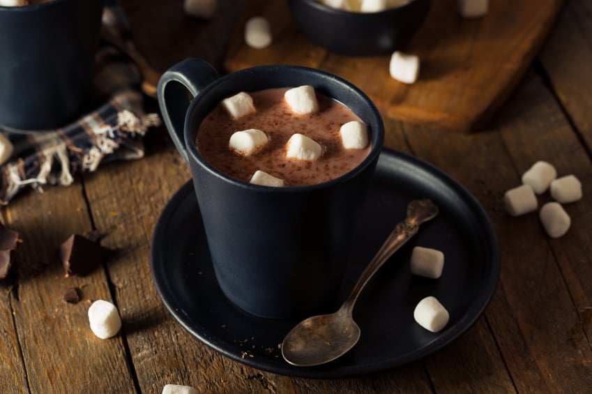 mug of rich hot chocolate with mini marshmallows on top
