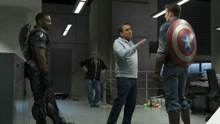 Joe and Anthony Russo on the set of Captain America The Winter Soldier with Chris Evans and Anthony Mackie