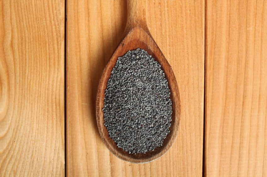 poppy seeds in a wooden spoon on a wood table