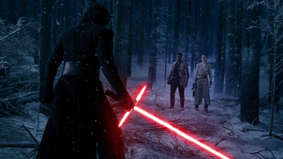 Rey, Finn, and Kylo Ren get ready to battle