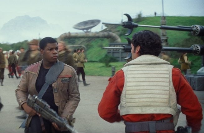 Finn (John Boyega) and Poe Dameron (Oscar Isaac) in Star Wars: The Force Awakens