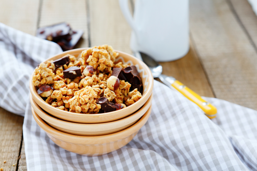 bowl of granola with chocolate chunks