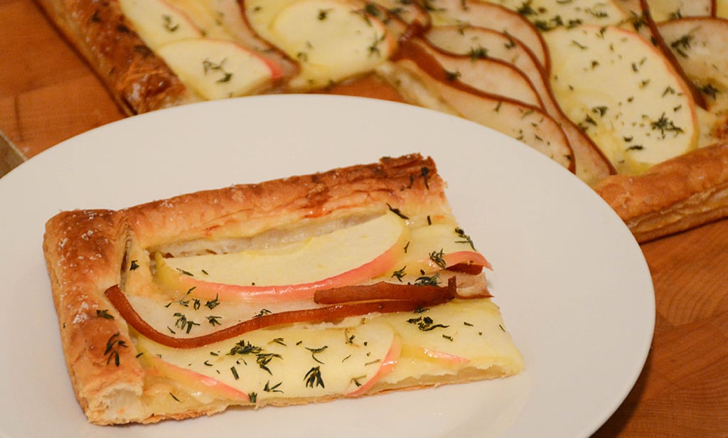 slice of cheddar, apple, and pear tart