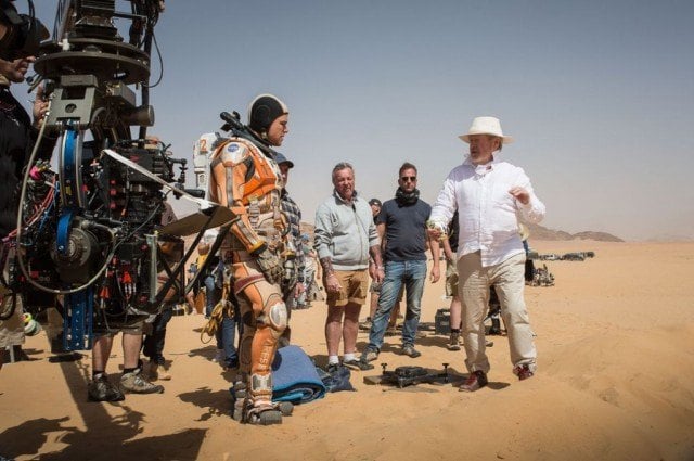 Director and producer Ridley Scott and Matt Damon on the set of 'The Martian'