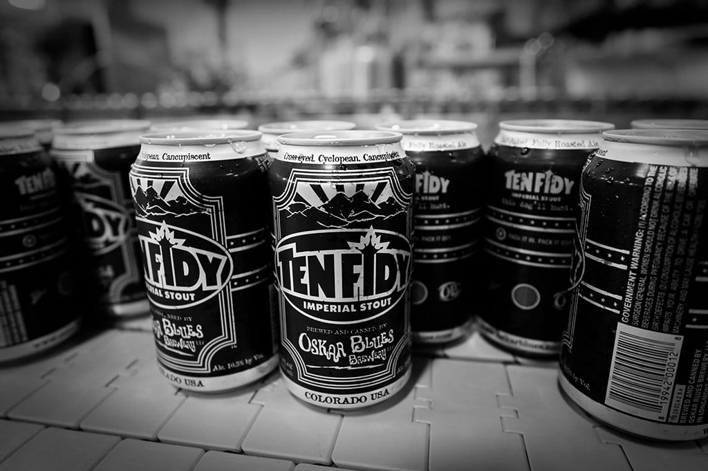 cans of Ten Fidy stout from Oskar Blues Brewery