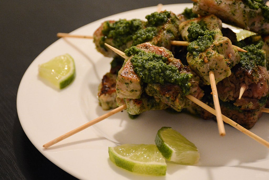 close up of cilantro-peanut pork skewers