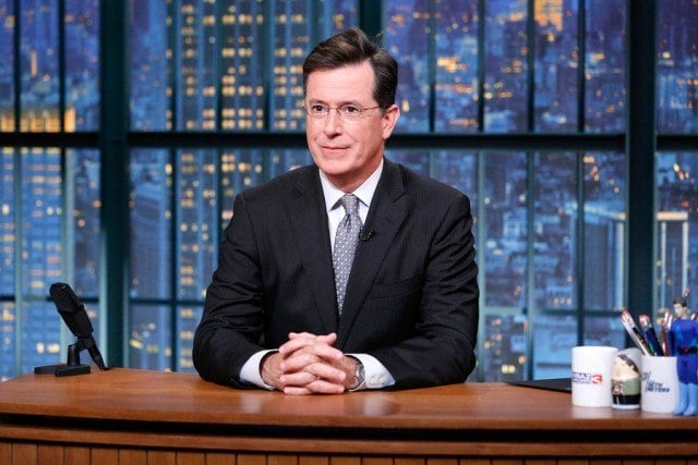 Stephen Colbert at desk. Stephen Colbert at desk.