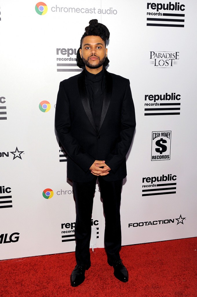The Weeknd in a all-black getup at the 2016 Grammy Awards