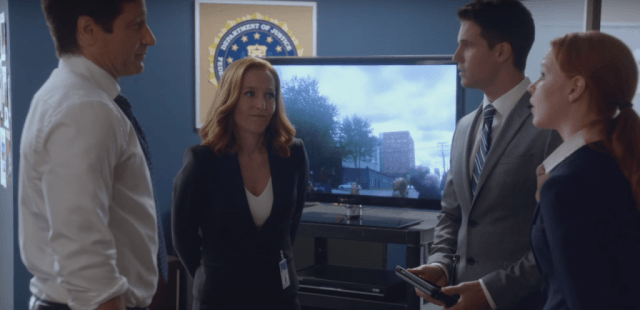 David Duchovny, Gillian Anderson, Robbie Amell and Lauren Ambrose in a scene from 'The X-Files' episode "Babylon"
