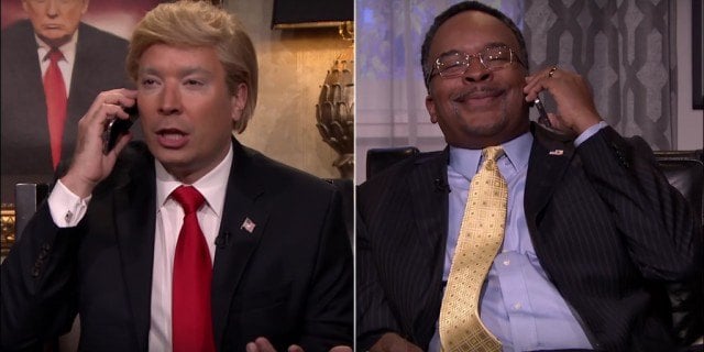 Donald Trump (Jimmy Fallon) and Ben Carson (David Alan Grier) talk politics in a 'Tonight Show' sketch.