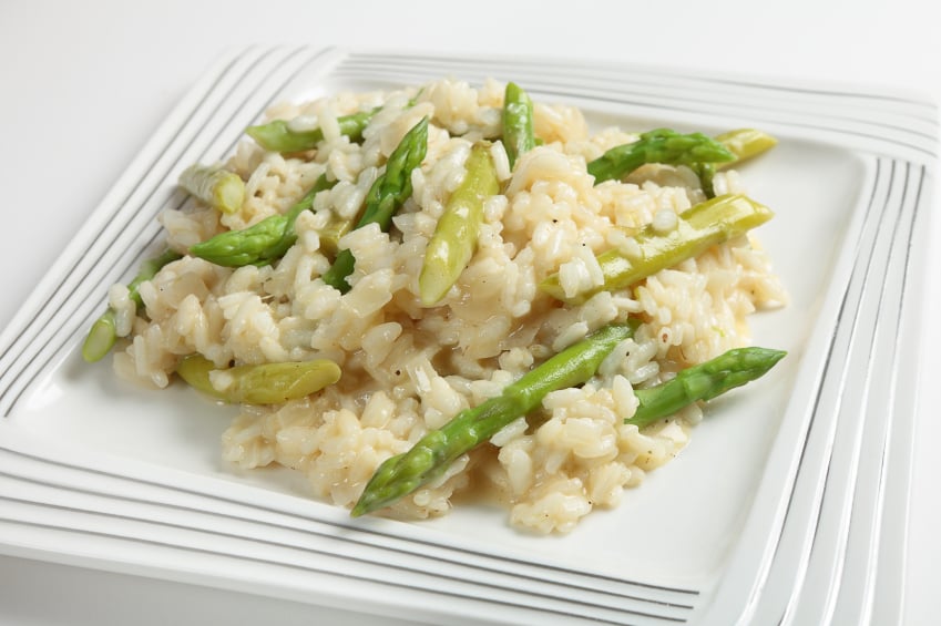 Asparagus risotto in a white plate