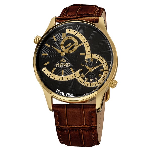 August Steiner Men's Swiss Quartz Multifunction Dual Time Leather Strap Watch
