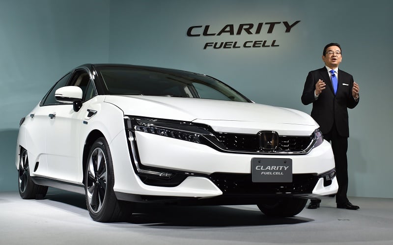 Honda Motors President Takahiro Hachigo speaks during a press preview to announce its new fuel cell vehicle (FCV), the Clarity Fuel Cell at the company's headquarters in Tokyo on March 10, 2016. Honda Motor announced on March 10 that they will began sales in Japan of its all-new Clarity Fuel Cell. / AFP / KAZUHIRO NOGI (Photo credit should read KAZUHIRO NOGI/AFP/Getty Images)