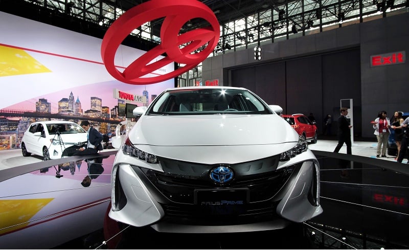 The Toyota Prius Prime is pictured during the New York International Auto Show on March 23, 2016. / AFP / Jewel SAMAD (Photo credit should read JEWEL SAMAD/AFP/Getty Images)