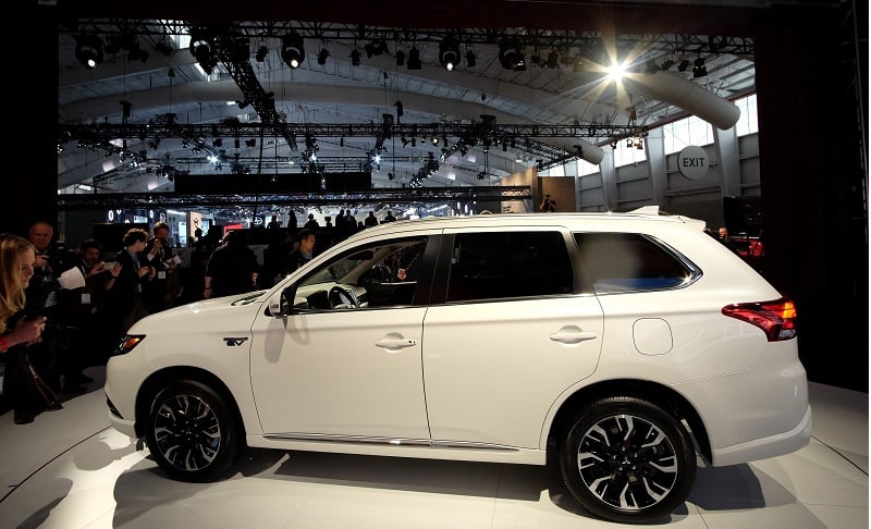 The 2017 Mitsubishi Outlander Plug-In Hybrid SUV is unveiled during the New York International Auto Show on March 24, 2016. / AFP / Jewel SAMAD (Photo credit should read JEWEL SAMAD/AFP/Getty Images)