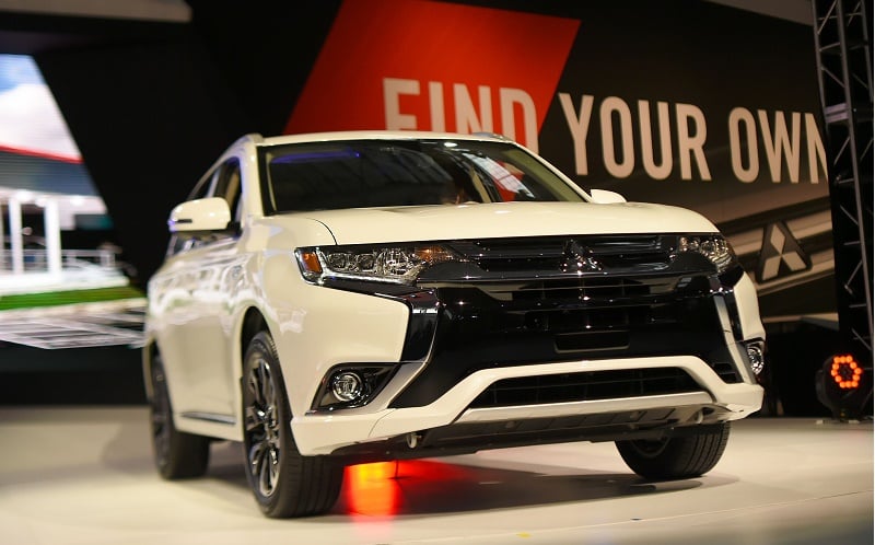 The 2017 Mitsubishi Outlander Plug-In Hybrid SUV is unveiled during the New York International Auto Show on March 24, 2016. / AFP / Jewel SAMAD (Photo credit should read JEWEL SAMAD/AFP/Getty Images)