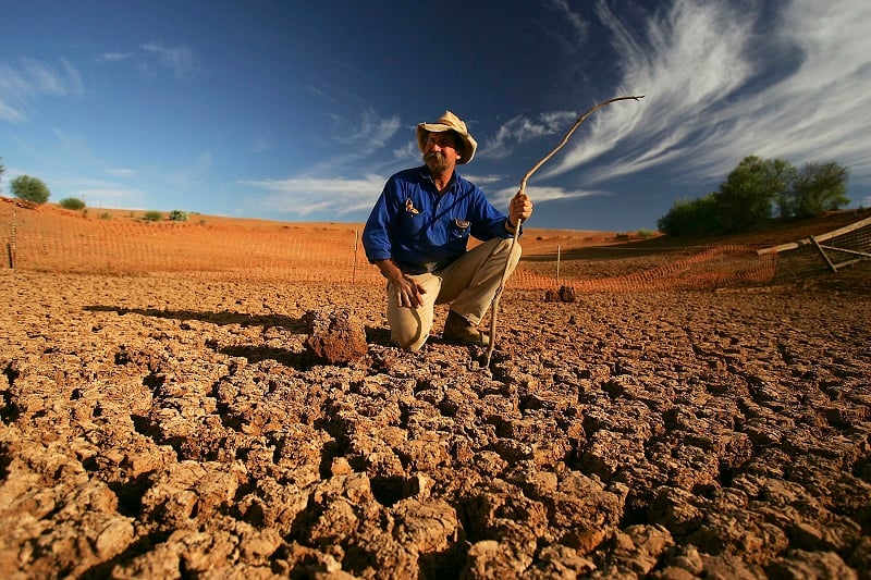 A man investigates drought damage due to climate change and drought