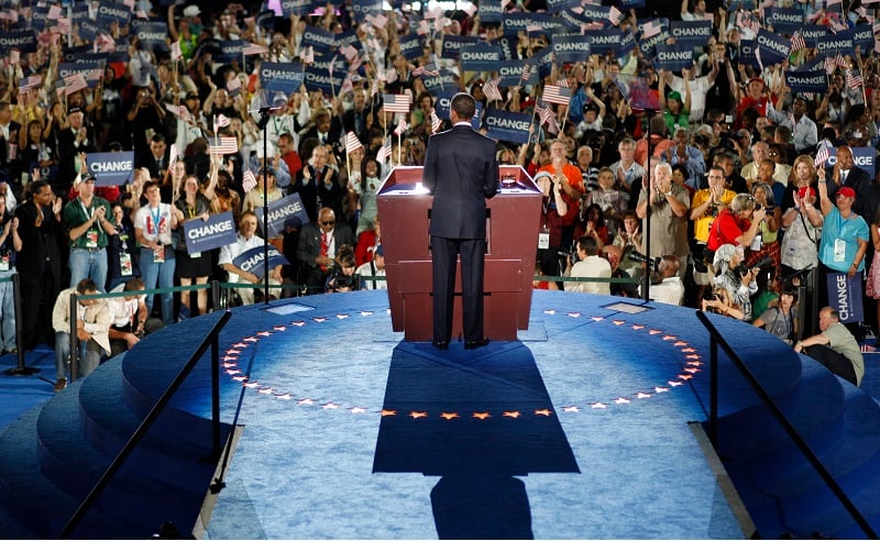 DENVER - AUGUST 28: U.S. Sen. Barack Obama (D-IL) speaks as he accepts the Democratic presidential nomination at Invesco Field at Mile High at the 2008 Democratic National Convention (DNC) August 28, 2008 in Denver, Colorado. Obama's acceptance speech coincides today with the 45th anniversary of Rev. Martin Luther King Jr. delivery of the "I Have a Dream" speech. Sen. Obama is now the first African-American to be officially nominated as a candidate for U.S. president by a major party. (Photo by Chuck Kennedy-Pool/Getty Images)