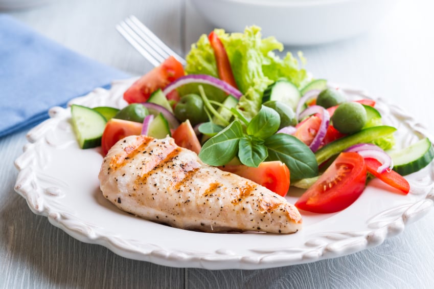 Grilled Chicken Breast and salad on a white plate