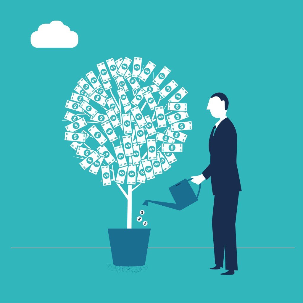 A man waters his money tree