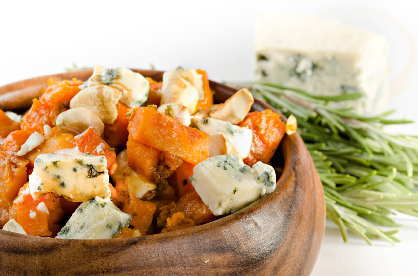 Roasted pumpkin with blue cheese and cashew nuts