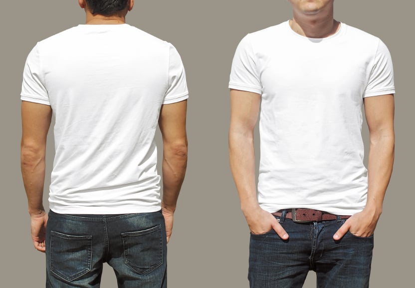man showing back and front of white T-shirt