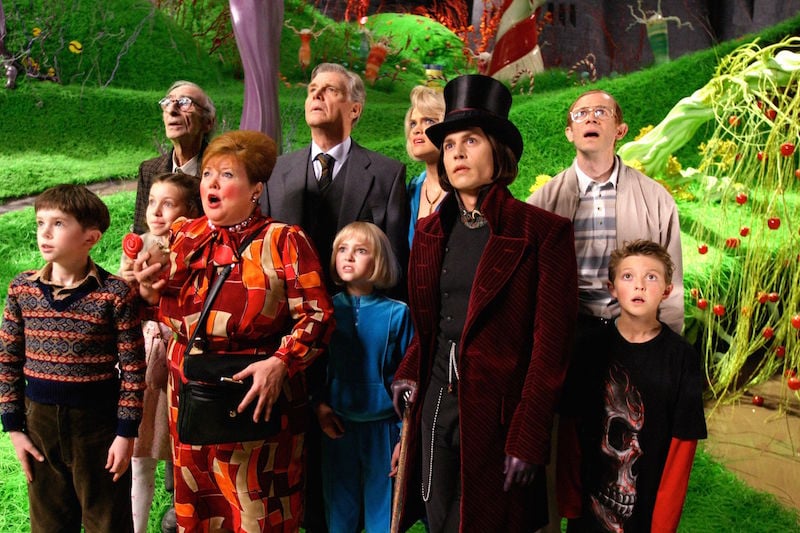 Johnny Depp as 'Willy Wonka' leading a tour through the chocolate factory. Johnny Depp as 'Willy Wonka' leading a tour through the chocolate factory.