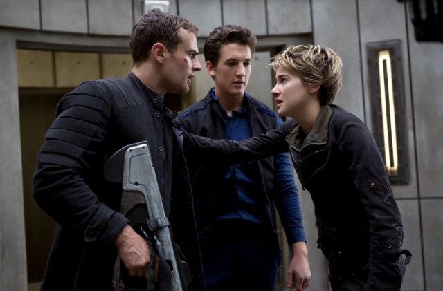 Four (Theo James), Peter (Miles Teller) and Tris (Shailene Woodley) have a tense moment during 'Divergent: Allegiant'